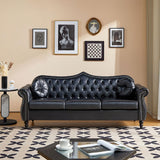 RUSTYER Chesterfield Three Seater Sofa, Mid-Century Modern Faux Leather 3-Seater Upholstered Couch, Tufted Living Room Sofa with 2 Pillows and Button Nailhead, Black RUSTYER