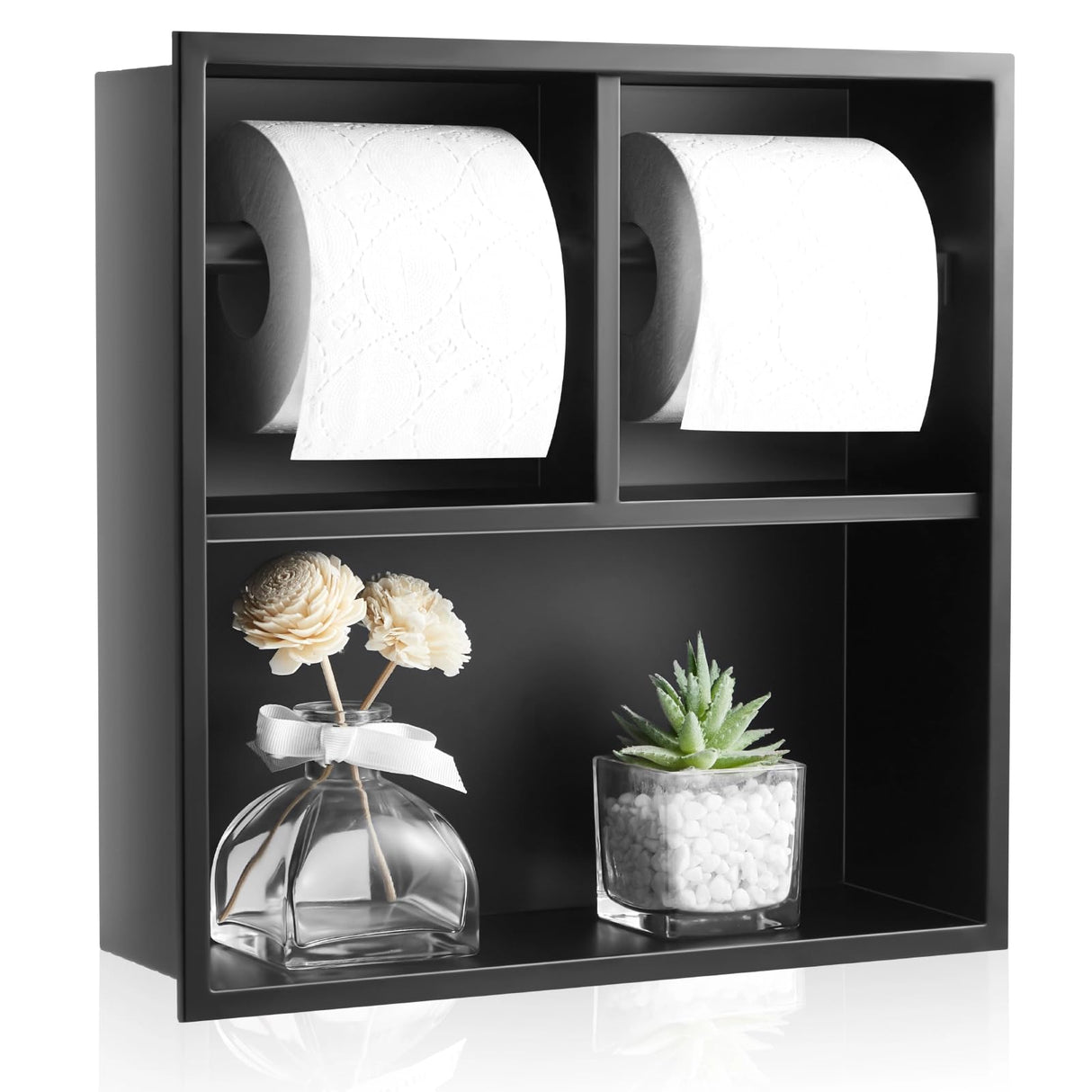 Maxdot Recessed Dual Toilet Roll Holder, Matte Black in Wall Toilet Paper Holder with Storage, Bathroom Wall Niche Shelf, 304 Stainless Steel, Brushed Nickel Maxdot