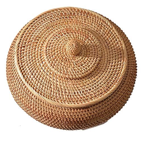 KODENG Round Rattan Boxes with Lid Hand-Woven Multi-Purpose Wicker Tray 8.6Inch Picnic Food Bread Table Storage Basket (22x13cm) KODENG