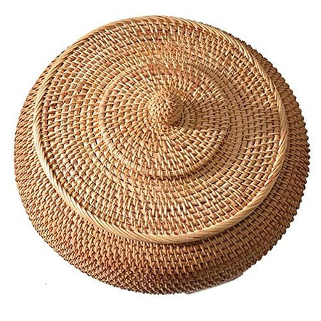 KODENG Round Rattan Boxes with Lid Hand-Woven Multi-Purpose Wicker Tray 8.6Inch Picnic Food Bread Table Storage Basket (22x13cm) KODENG