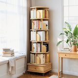 Dulamiy 6 Tier Rotating Bookshelf, 360° Display Round Spinning Bookshelf with Wheels and Drawer, Space-Saving, Small Space Rotating Book Shelf Tower for Bedroom, Living Room, Home, Office, Wood Color Dulamiy