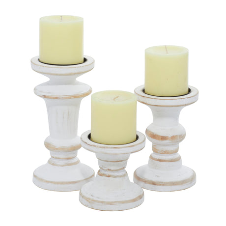 Deco 79 Wood Decorative Candle Holder Candle Stand, Set of 3 Candlestick Holder 8", 6", 4"H, White Deco 79