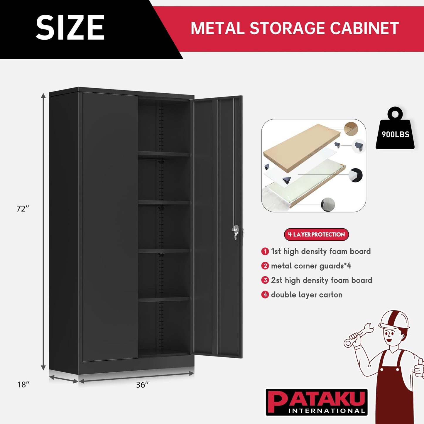 Pataku Garage Storage Cabinets, Black Metal Cabinet with Locking Doors and Shelves, 72.5"x 36"x18" Steel Tool Cabinet for Home Office, Basement, Pantry, File, Large Capacity…