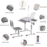 Napfox Desk for Kids Desk and Chair Set Kids Art Desk Drafting Table Desk Set with Adjustable Height, 40-Degree Tiltable Children Desktop, LED Light,Bookstand,Grey Napfox