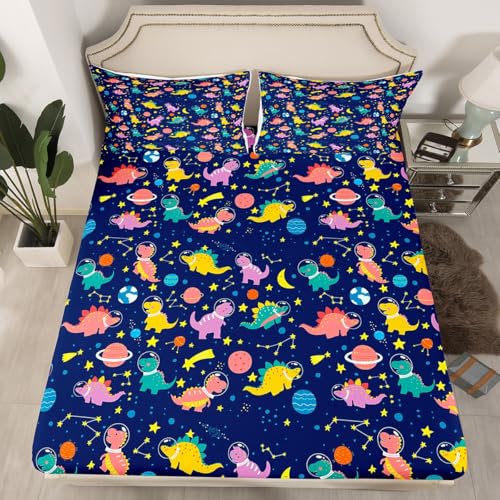Erosebridal Boys Cartoon Dinosaur Bed Sheets,Kids Cute Dino Sheet Set,Girly Funny Dinosaur Astronaut Bedding Set Home Room Decor,Galaxy Space Stars Fitted Sheet + Flat Sheet + 2 Pillowcases,King Erosebridal