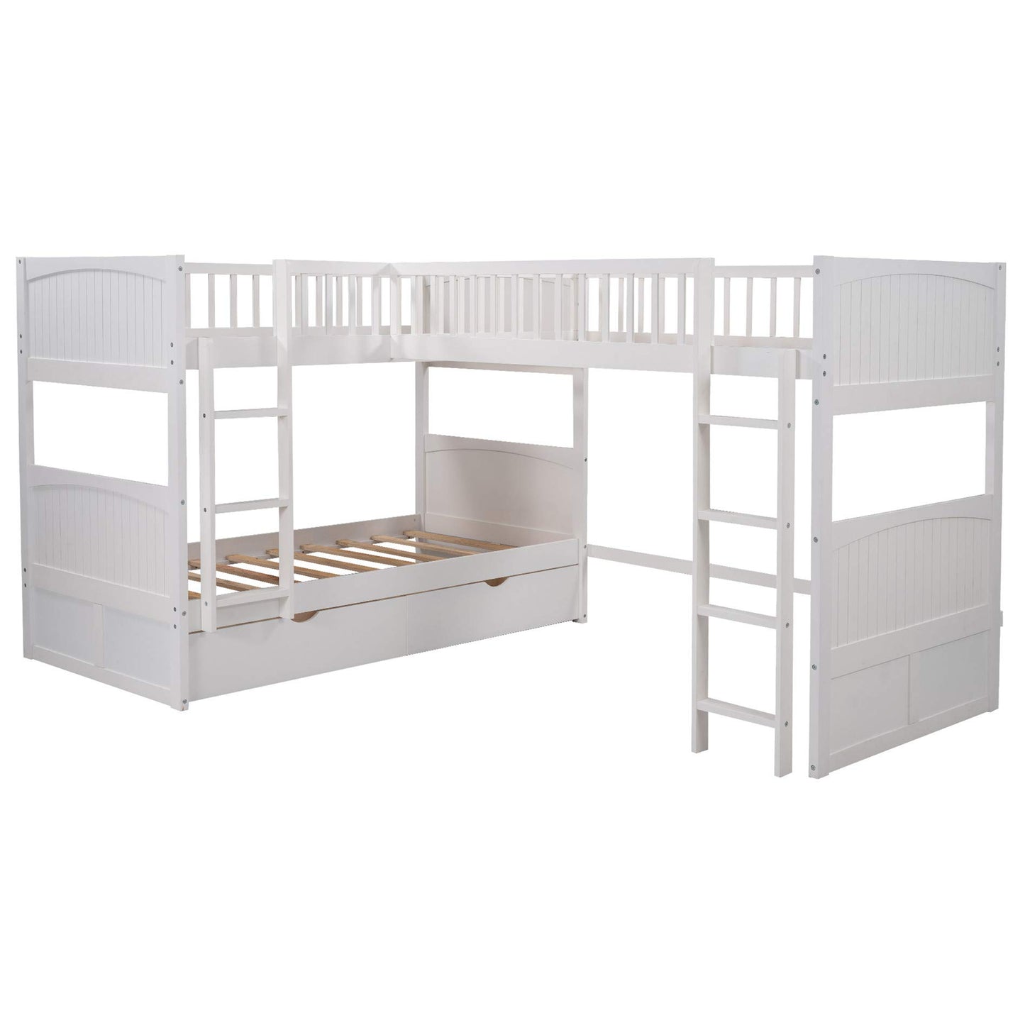 Wood Triple Bunk Bed with Drawers, L-Shaped Bunk Beds for 3, Twin Over Twin Bunk Bed with a Loft Bed Attached for Kids, Teens, Adults (White)