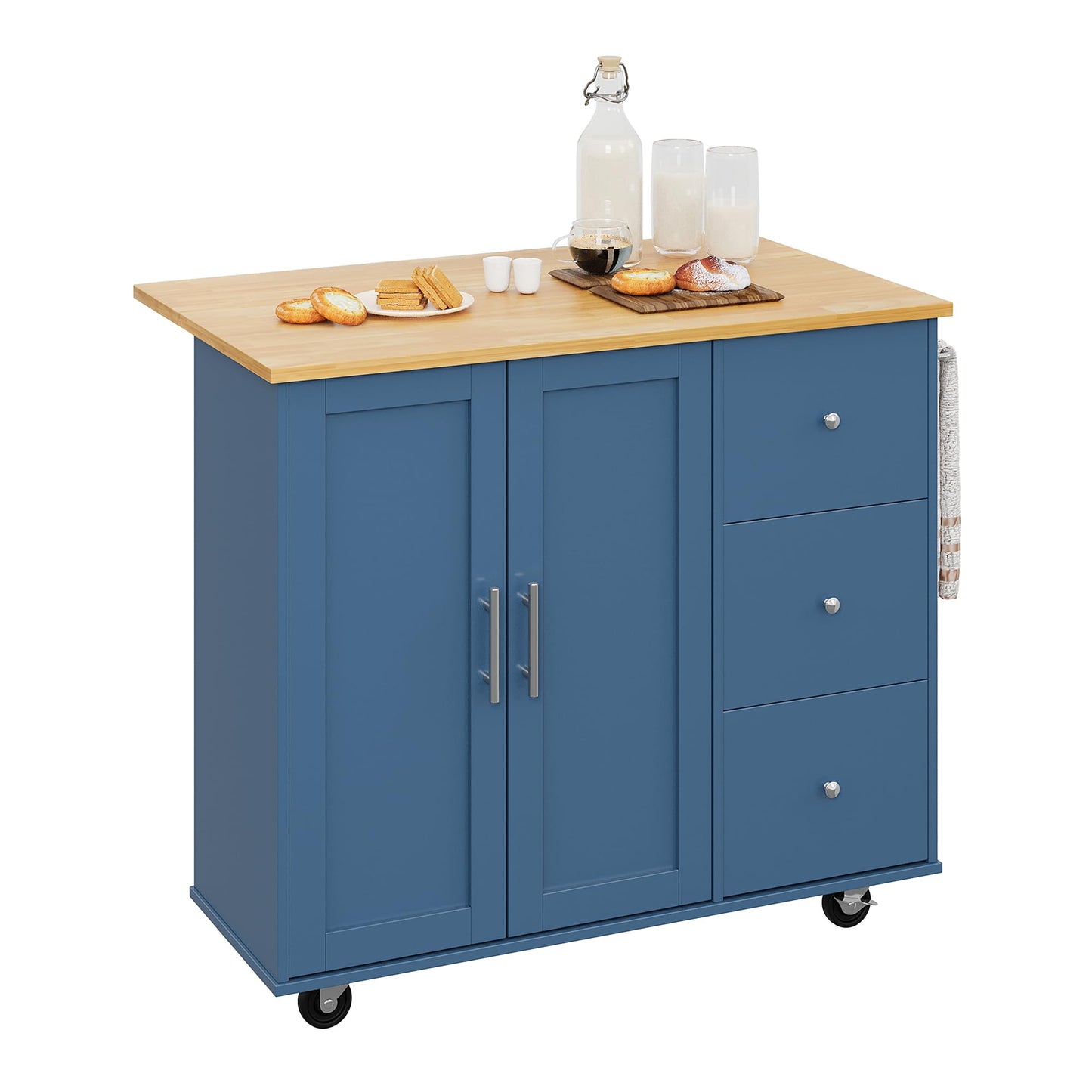 Shintenchi Rolling Kitchen Island Cart with Folding Drop Leaf Breakfast Bar, Portable Trolley Island with Large Storage Cabinet, Shelf and Drawer, Blue