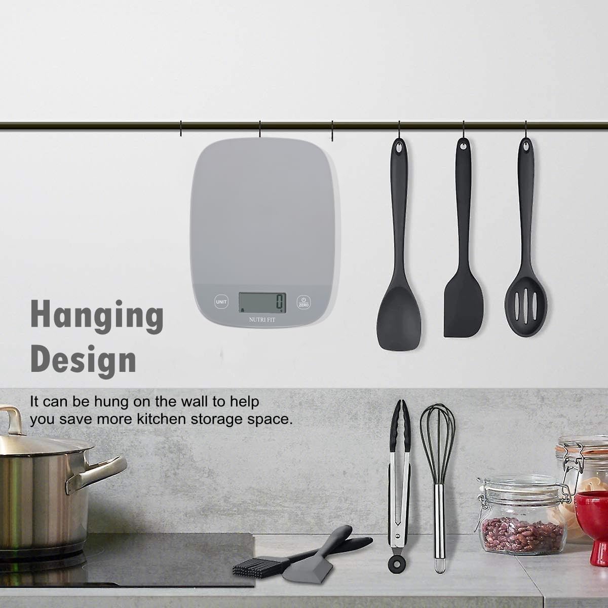 NUTRI FIT Food Scale Kitchen Scales Digital Weight Grams and Ounces for Baking Cooking, Weighing Scale Portion Control, Max 11lb 1g Increment 6 Units Smart Tare Hanging Storage, Gray NUTRI FIT