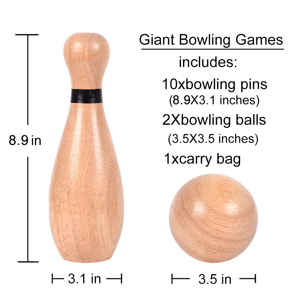 NI-ROU Outdoor Giant Lawn Bowling Games Wooden lawn Set Fun Sports Games Outside or Indoor for Family Adults and Kids Backyard Skittles Carrying Bag with 10 Pins and 2 Balls NI-ROU