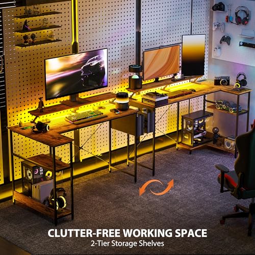 HOMCOM 58" L Shaped Gaming Desk with Power Outlets and LED Lights, Reversible Computer Desk with Monitor Stand, Fabric Storage Bag, Cable Management, for Home Office, Rustic Brown HOMCOM