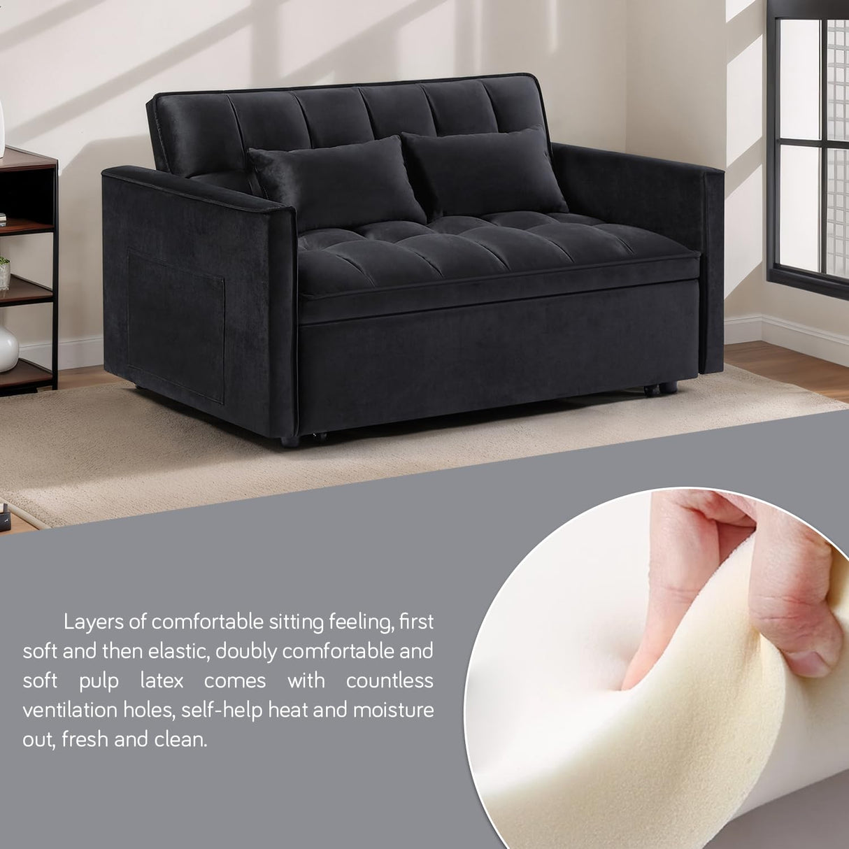 3 In 1 Velvet Convertible Sofa Bed, Pull Out Couch Bed with Reclining Backrest And 2 Pillows, 54" Full Size Loveseat Sleeper Sofa Futon Couch Bed, Couches For Small Spaces, Living Room (Black) Xinmviec