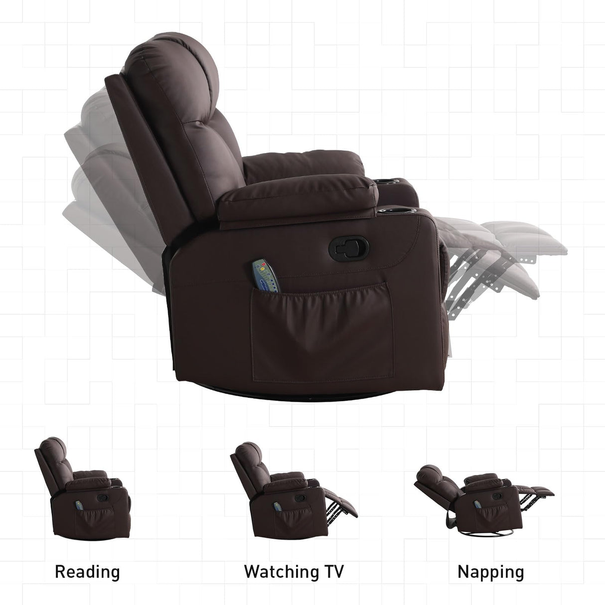 Bonzy Home Swivel Rocker Recliner with Heating and Massage, 40" Manual Rocker Recliner Chair, PU Leather Single Sofa with 2 Cup Holders for Living Room Bedroom, Brown Bonzy Home