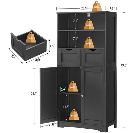 Iwell Tall Bathroom Cabinet, Storage Cabinet with 2 Drawers & Adjustable Shelves, Bathroom Storage Cabinet for Living Room, Dining Room, Entryway, Black Iwell