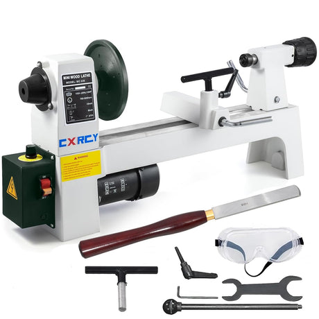 CXRCY Wood Lathe, 8" x 12" Mini Benchtop Wood Lathe Machine 1/3 HP Infinitely Variable Speed 750-3200 RPM with 2 Tool Rests, Lathe Chisel, Goggle for Woodworking, Woodturning CXRCY