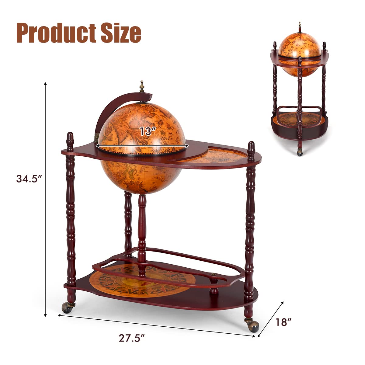 Goplus Globe Bar, 34.5” Globe Bar Liquor Cabinet with Wheels, Bottom Shelf, Old World Map, 16th Century Italian Replica Bar Globe, Retro Wine Stand, Goplus