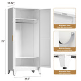 Washsemba 71'' Farmhouse Metal Wardrobe Cabinet with Hanging Rod, 2 Barn Door Wardrobe Closet with 2 Adjustable Shelves,for Dining Room,Bedroom,Living Room, Cloak Room,Office (White) Washsemba