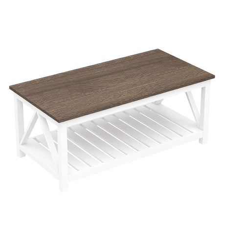 ChooChoo Farmhouse Coffee Table, Rustic Vintage Living Room Table with Shelf, 40 White ChooChoo
