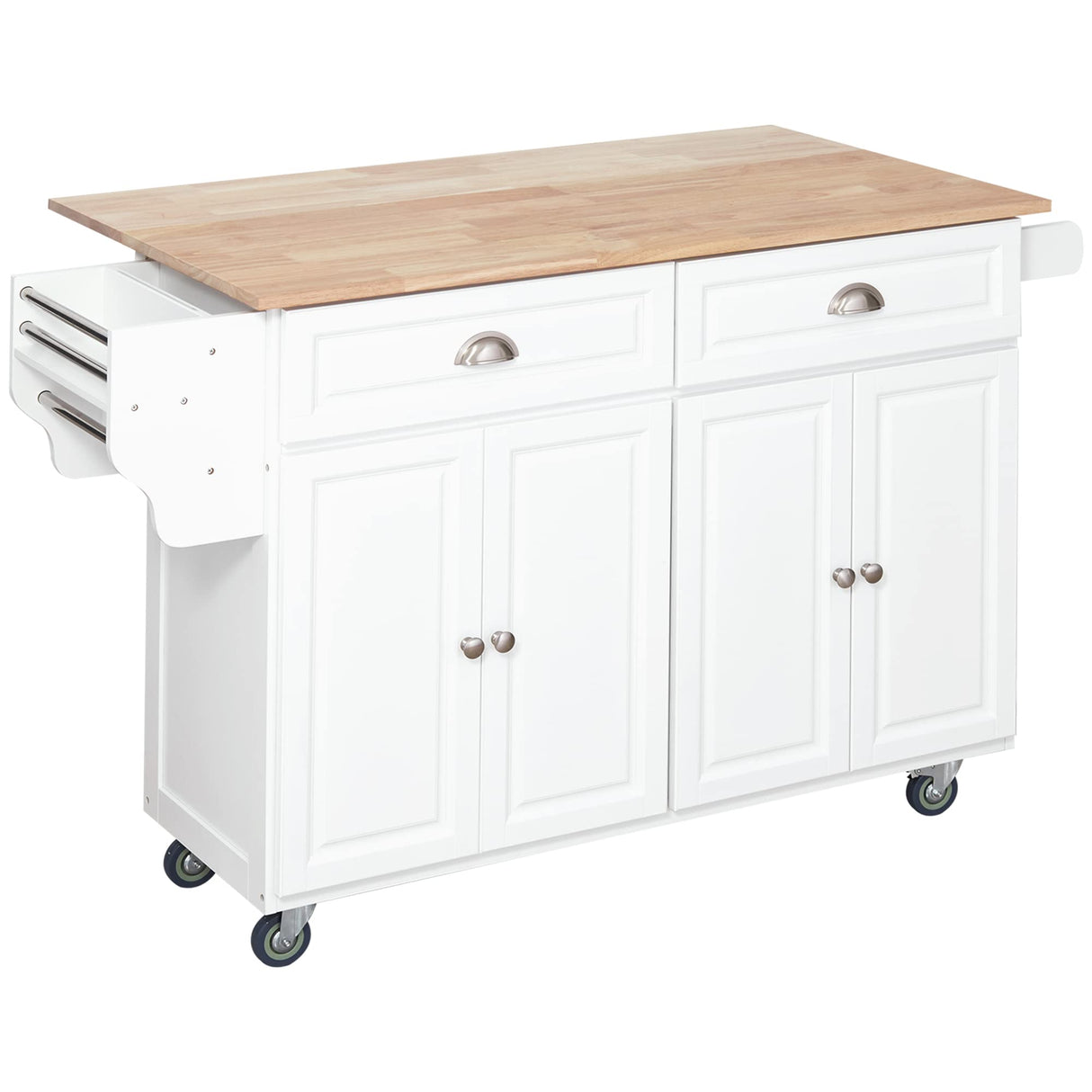 HOMCOM Rolling Kitchen Island Drop Leaf, Kitchen Cart on Wheels, Solid Wood Top Breakfast Nook with Storage Drawers, 4-Door Cabinets and Spice Rack, White HOMCOM