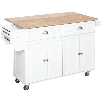 HOMCOM Rolling Kitchen Island Drop Leaf, Kitchen Cart on Wheels, Solid Wood Top Breakfast Nook with Storage Drawers, 4-Door Cabinets and Spice Rack, White - WoodArtSupply