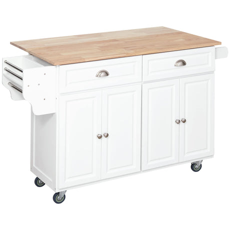 HOMCOM Rolling Kitchen Island Drop Leaf, Kitchen Cart on Wheels, Solid Wood Top Breakfast Nook with Storage Drawers, 4-Door Cabinets and Spice Rack, White HOMCOM