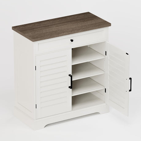 ChooChoo Farmhouse Shoe Cabinet with Doors, 4-Tier Shoe Storage Cabinet with Drawer and Shelves, Wooden Shoe Rack Organizer for Entryway, Hallway, Closet, Soft White & Brown ChooChoo