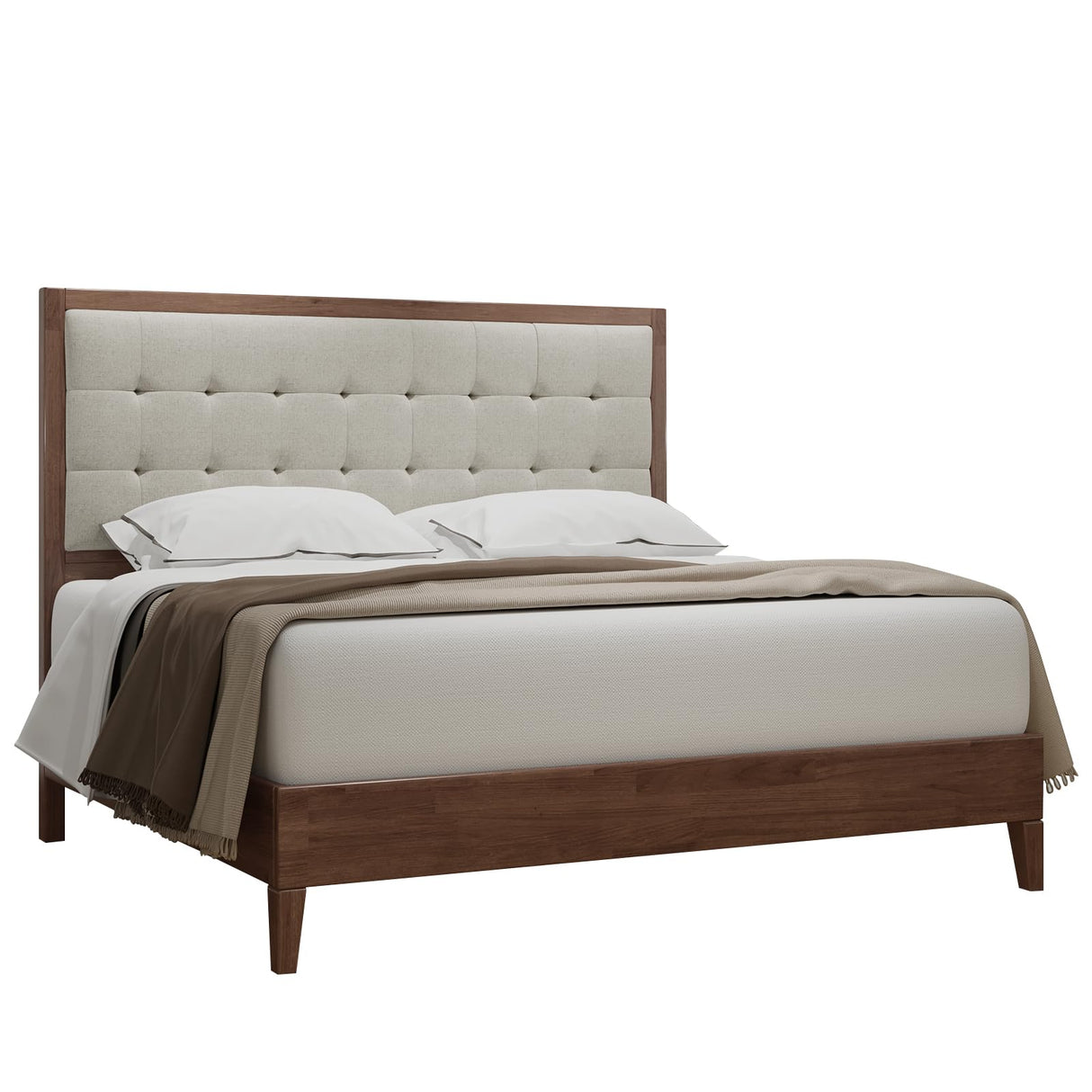 Jocisland Full Size Upholstered Wood Platform Bed Frame with Tufted Headboard in Walnut Jocisland