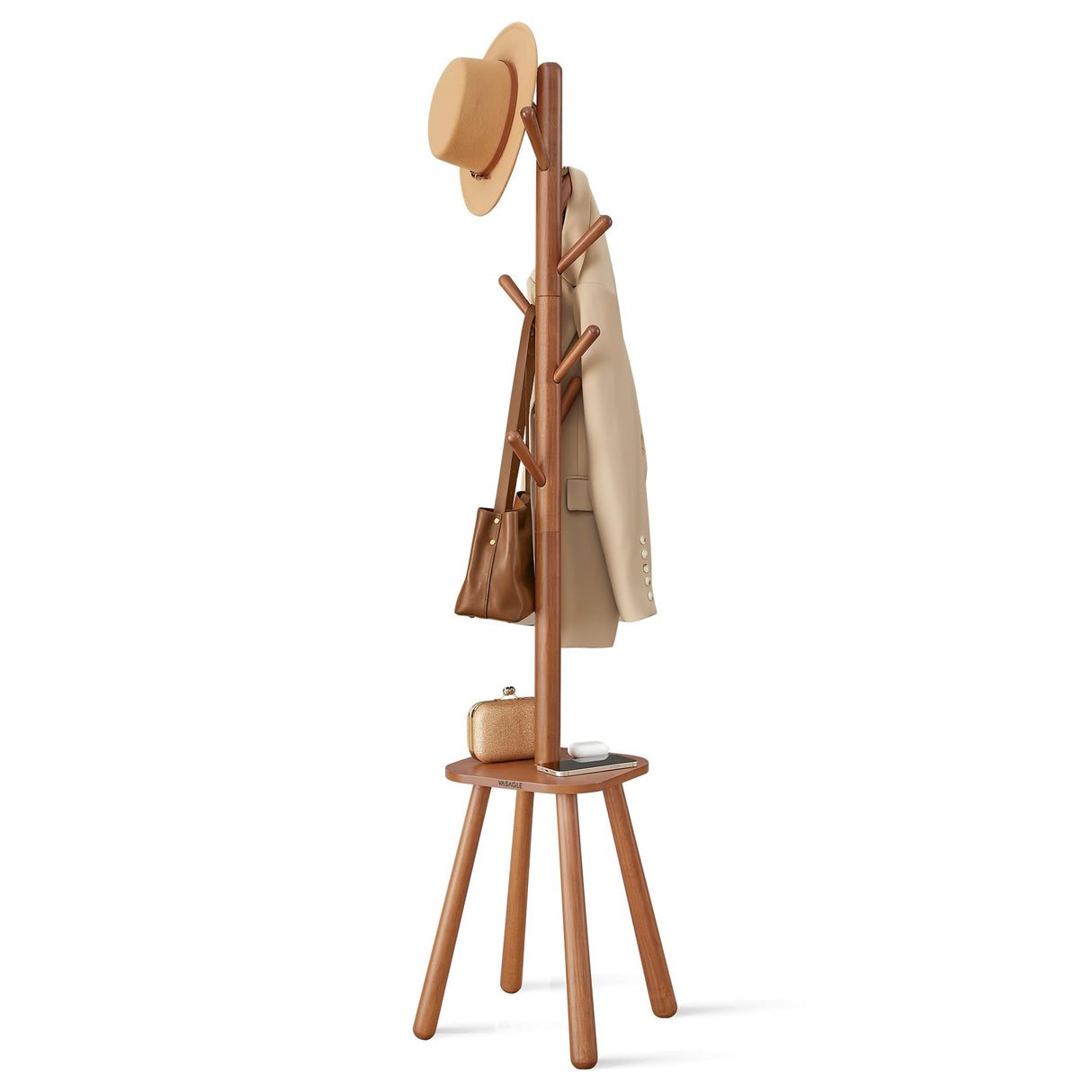 VASAGLE Coat Rack, Free Standing Coat Stand, Hall Coat Tree with 8 Hooks and Storage Shelf, 67.1 Inch Tall, for Coats, Hats, Bags, for Entryway, Hallway, Bedroom, Caramel Brown URCR033K01 VASAGLE