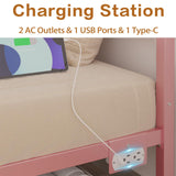 CollaredEagle Queen Bed Frame with Headboard and Footboard,Heavy Duty Steel Slats Support Metal Bed Frame with Charging Station,Pink CollaredEagle