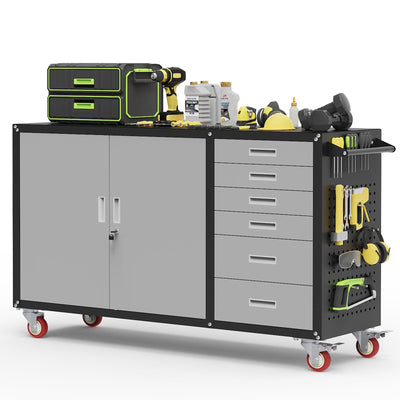 Rumetol 55"W Heavy Duty Rolling Workbench with Drawers and Storage,1000 LBS Capacity Work Bench with Lockable Cabinet & Adjustable Shelf,Garage Workbench with Pegboard & Wheels for Garage/Repair Shop