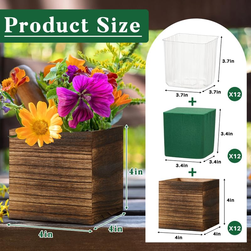Dandat 12 Set Wood Cube Planter Box Square Wood Vase Rustic Cube Planter Box with Removable Plastic Liner Floral Foam Blocks for Centerpieces Home Wedding Garden Decor, Country Style (Brown) Dandat