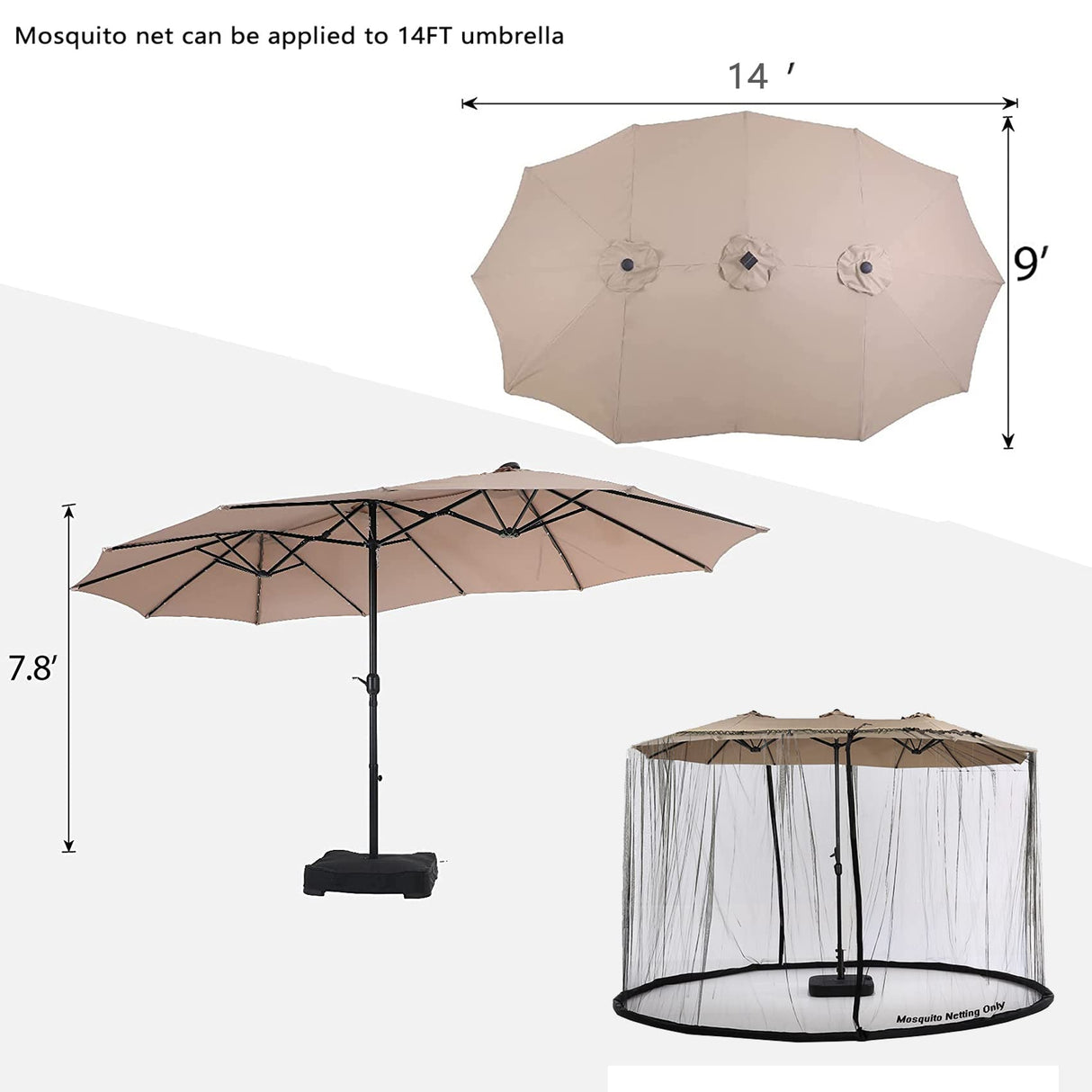 Tiimmgaal 14FT Black Outdoor Umbrella Net, Suitable for Patio Gazebo and Double Sided Patio Umbrella, Tear-Resistant Mesh Fabric, Easy Installation Tiimmgaal