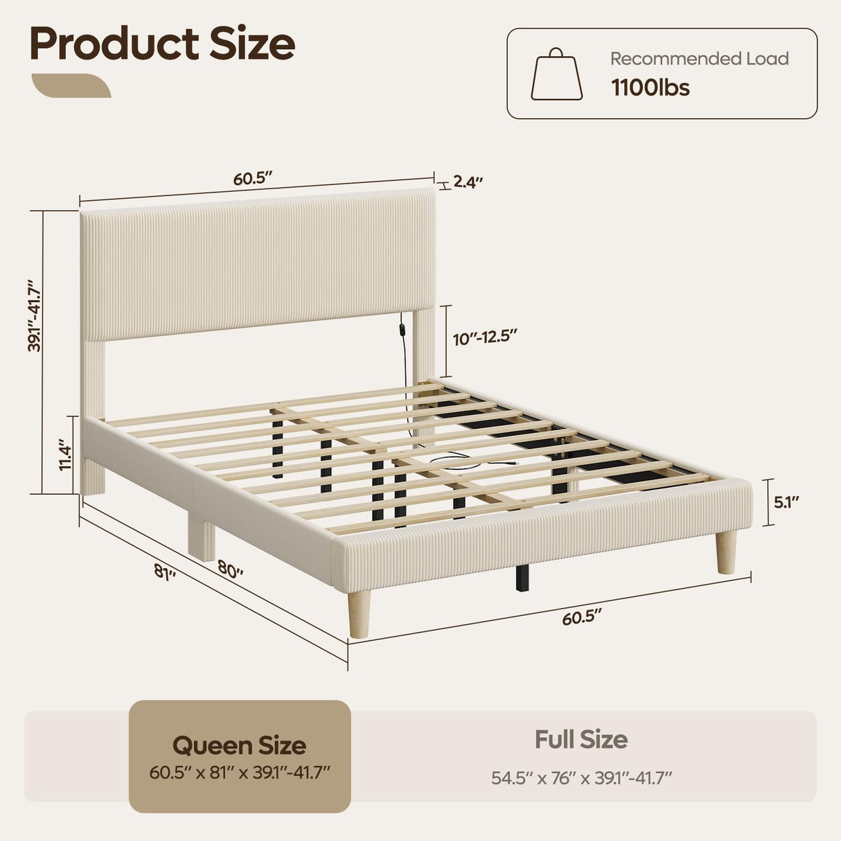 Bestier Queen Bed Frame with Adjustable Headboard, LED Lighting, Vertical Channel Tufted Corduroy Upholstered, Solid Wooden Slats Support, No Box Spring Needed, Never Squeaks, Easy Assembly, Beige Bestier