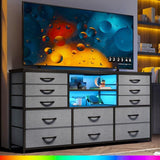 EnHomee Long Dresser for Bedroom with 12 Fabric Drawers,Bedroom Dresser with LED Lights & Power Outlet, Wooden Top & Metal Frame,for Nursery, Living Room, Closet, Grey, 49.2''W*11.8''D*35.4''H EnHomee