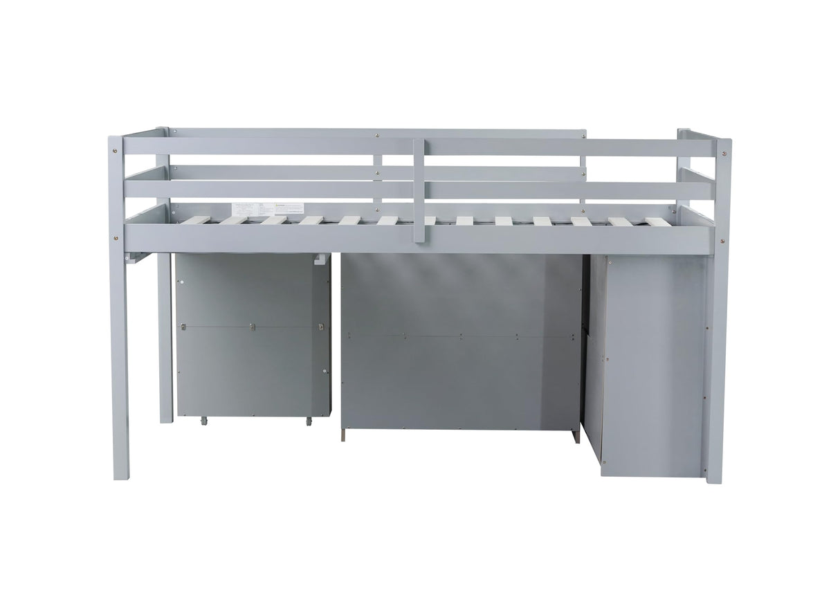 Low Loft Bed with Storage & Rolling Out Desk, Kids Twin Size Loft Beds with Bookcase & Drawers, Rubber Wood Junior Lofts Bed with Dresser/Shelves/Ladder/Guardrails for Boys Girls Teens, Gray Duxelifin