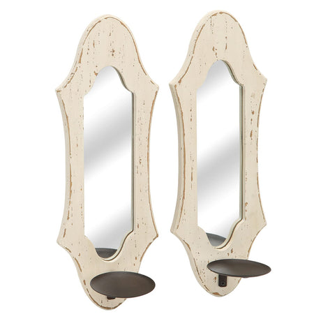 NIKKY HOME Farmhouse Candle Sconces Wall Decor Set of 2, Rustic Wooden Hanging Candle Holders, Antique Mirror Wall Art Decorations for Living Room, Bathroom, Dining Room and Office - Distressed White NIKKY HOME