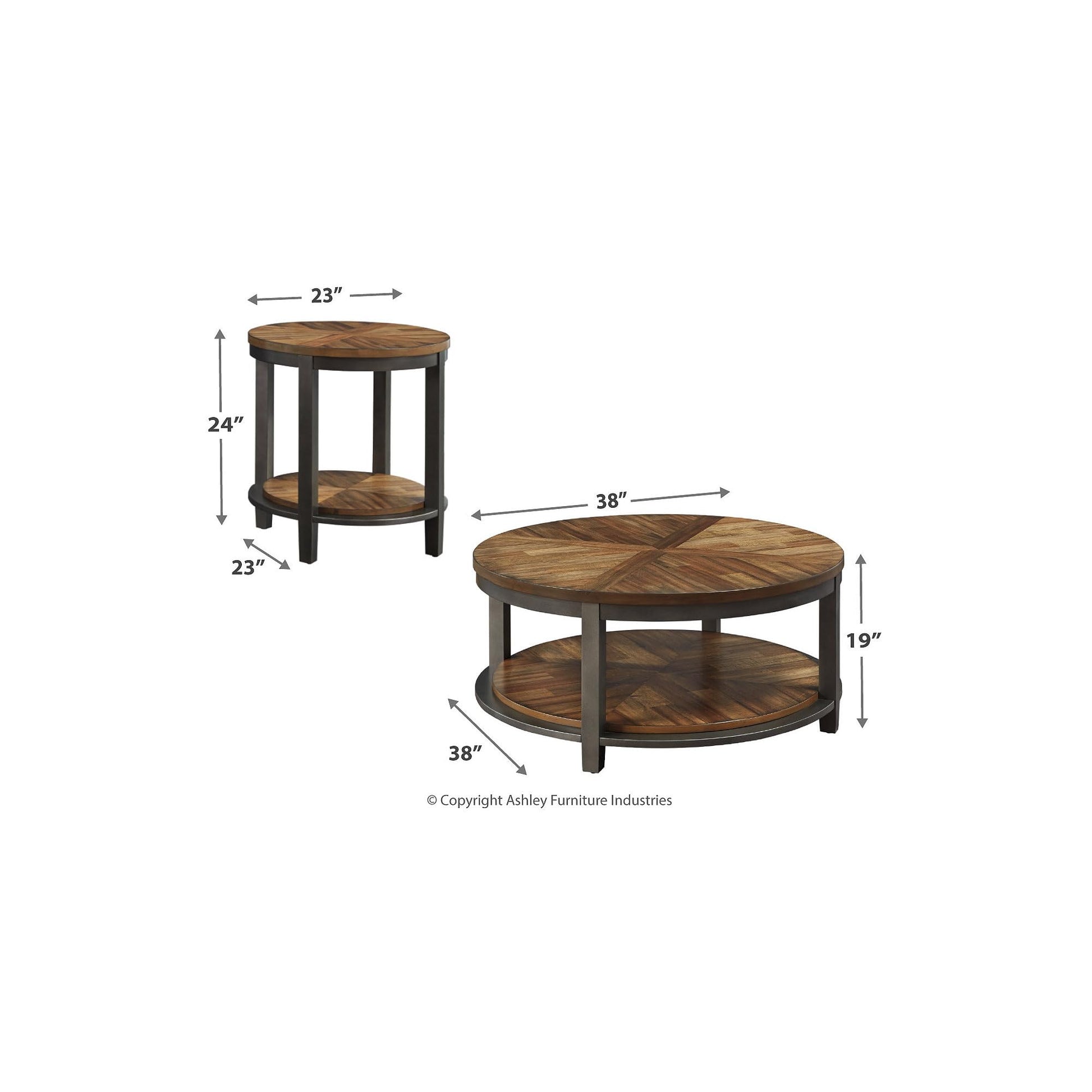 Signature Design by Ashley Roybeck Rustic Round 3-Piece Table Set, Includes 1 Coffee Table and 2 End Tables with Fixed Shelf, Light Brown - WoodArtSupply