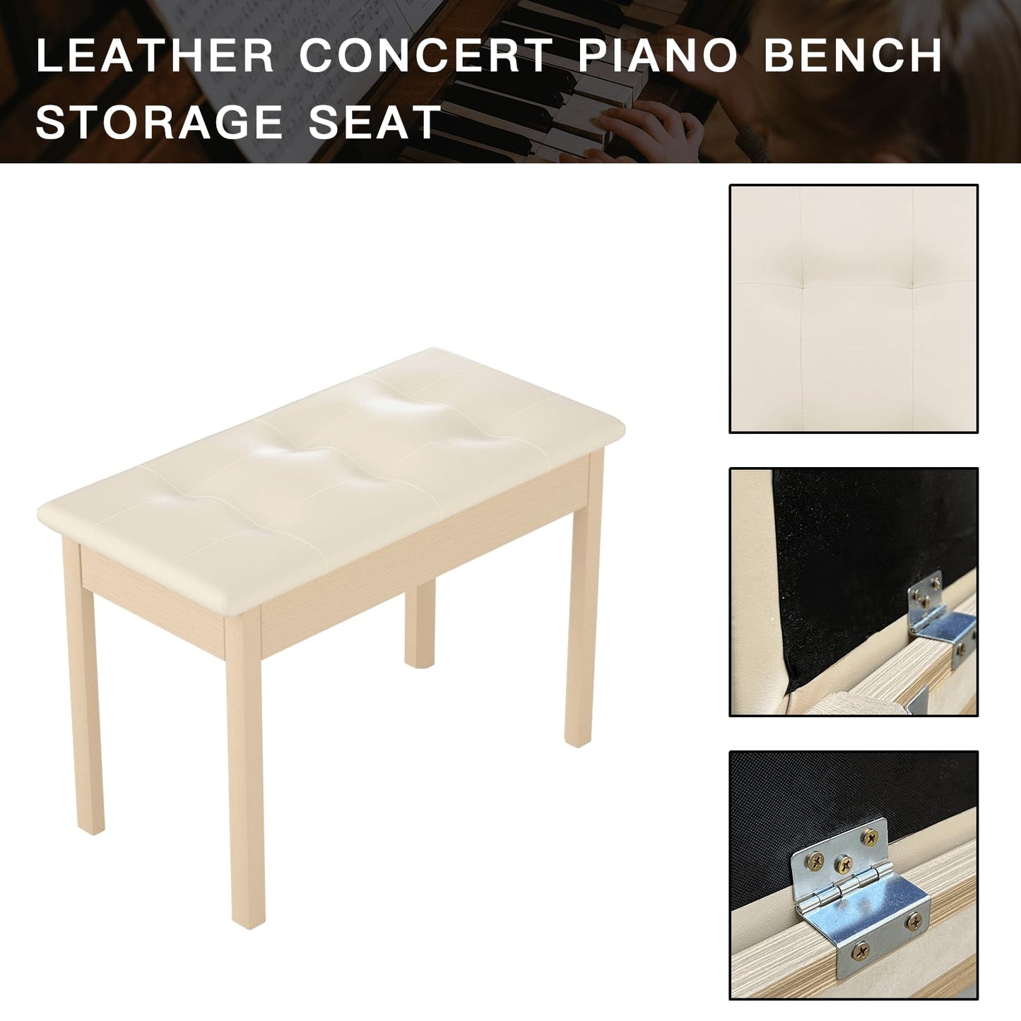 HEXANT Duet Piano Bech with Storage, Solid Wooden Keyboard Bench with PU Leather Padded Cushion for Musical Instrument, Keyboard, Vanity Stool - WoodArtSupply