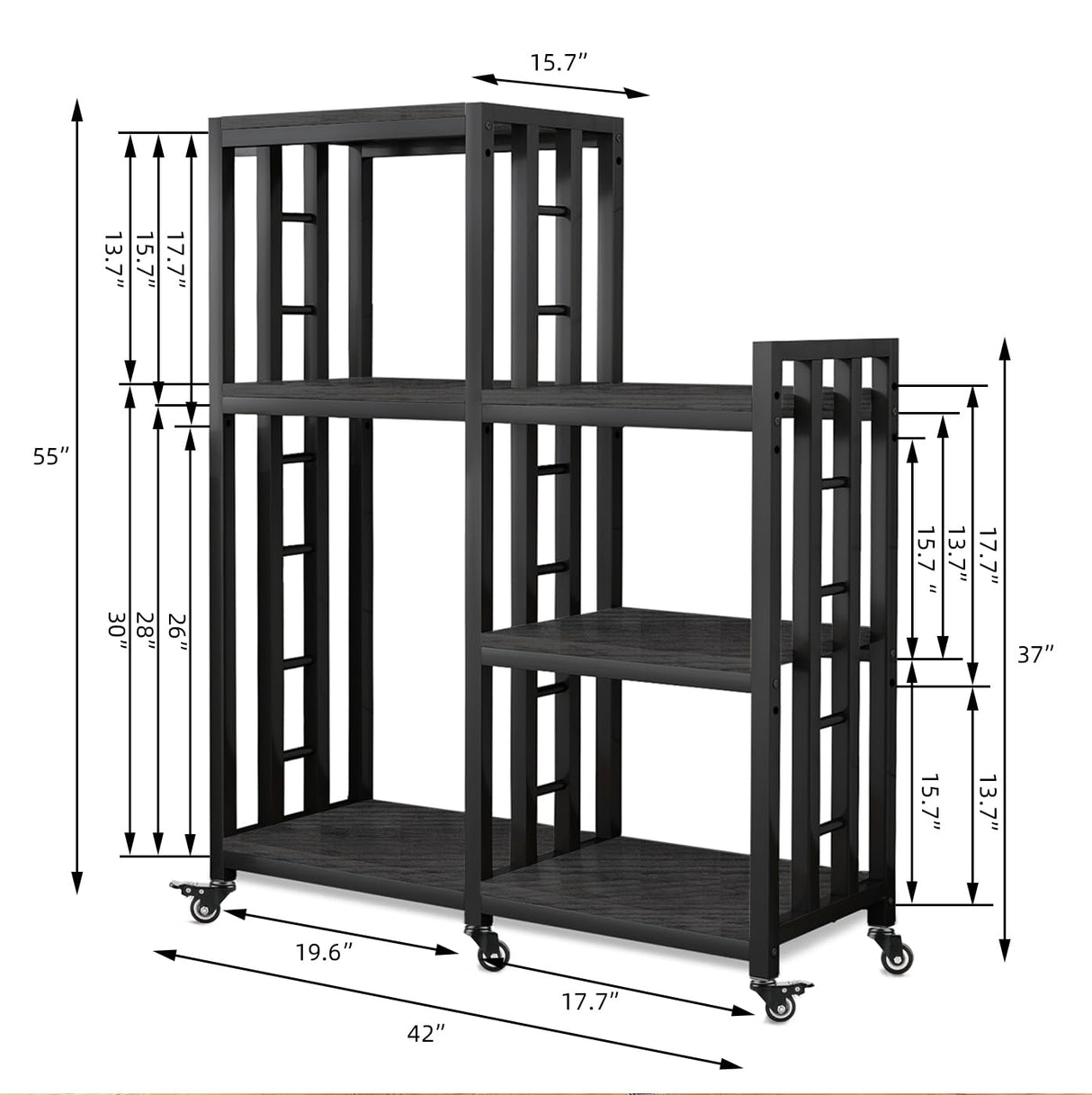 6-Tier Kitchen Bakers Rack, Multifunctional Storage Shelf, Mini Fridge & Microwave Oven Stand Table, Coffee Bar, Adjustable Kitchen Shelves Freestadning (Charcoal Black Wood Grain Print with wheels) YCHF