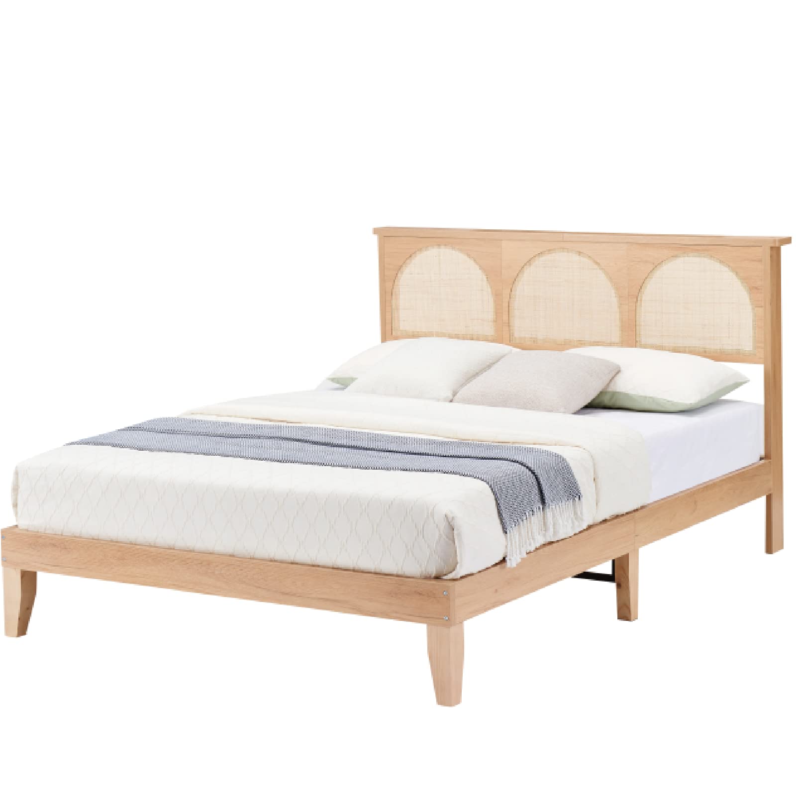 Amyove 12.4 Inch Deluxe Solid Wood Queen Bed Frame with Rattan Headboard and LED Lights - WoodArtSupply