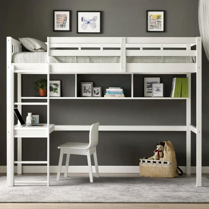 PVWIIK Twin Size Loft Bed with Shelves and Desk,Solid Wood Loft Bed Frame w/Safety Guardrail and Ladder,Space Saving Design, No Box Spring Needed, White