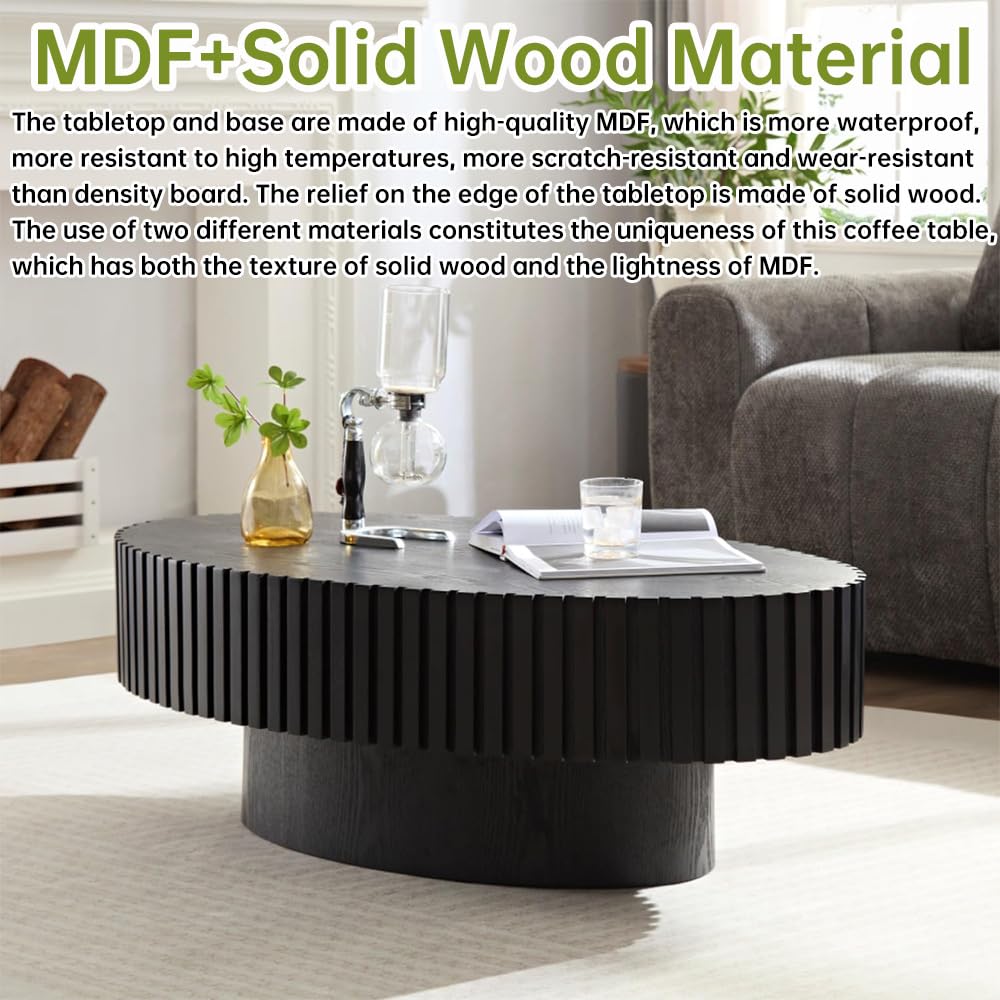 Black Oval Coffee Table Handcraft Fluted Coffee Table Mid Century Modern Drum Coffee Tables Irregular Pedestal Center Table for Farmhouse Living Room (Black) WUPDPQS