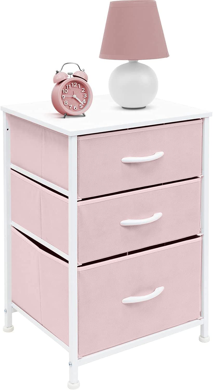Sorbus Nightstand with 3 Drawers - Furniture Storage Chest Tower Unit for Bedroom, Hallway, Closet, Office Organization - Steel Frame, Wood Top, Pastel Fabric Bin (Pink) Sorbus