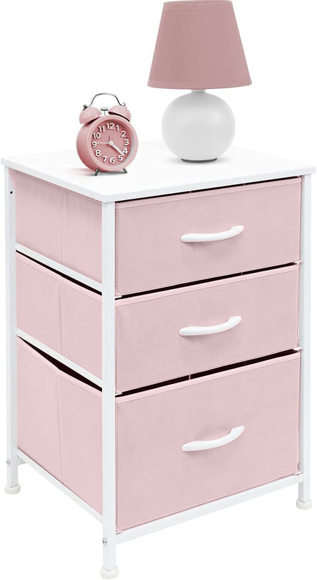 Sorbus Nightstand with 3 Drawers - Furniture Storage Chest Tower Unit for Bedroom, Hallway, Closet, Office Organization - Steel Frame, Wood Top, Pastel Fabric Bin (Pink) Sorbus