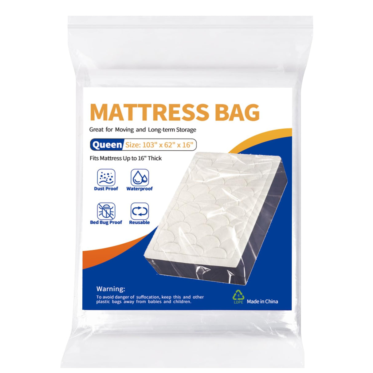 Mattress Bag for Moving Storage - Plastic Waterproof Mattress Protector Cover,Heavy-Duty Mattress Moving Supplies (1, Queen) CZXNBI