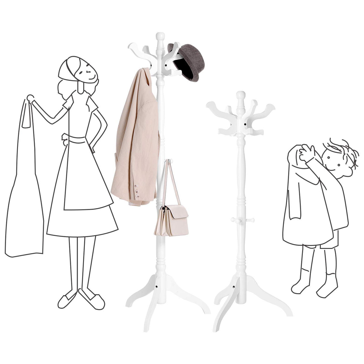 VASAGLE Coat Rack Free Standing with 11 Hooks, Wooden Hall Tree Coat Hat Tree Coat Holder with Solid Rubberwood Base for Coat, Hat, Clothes, Scarves, Handbags, Umbrella, White URCR005W02 VASAGLE