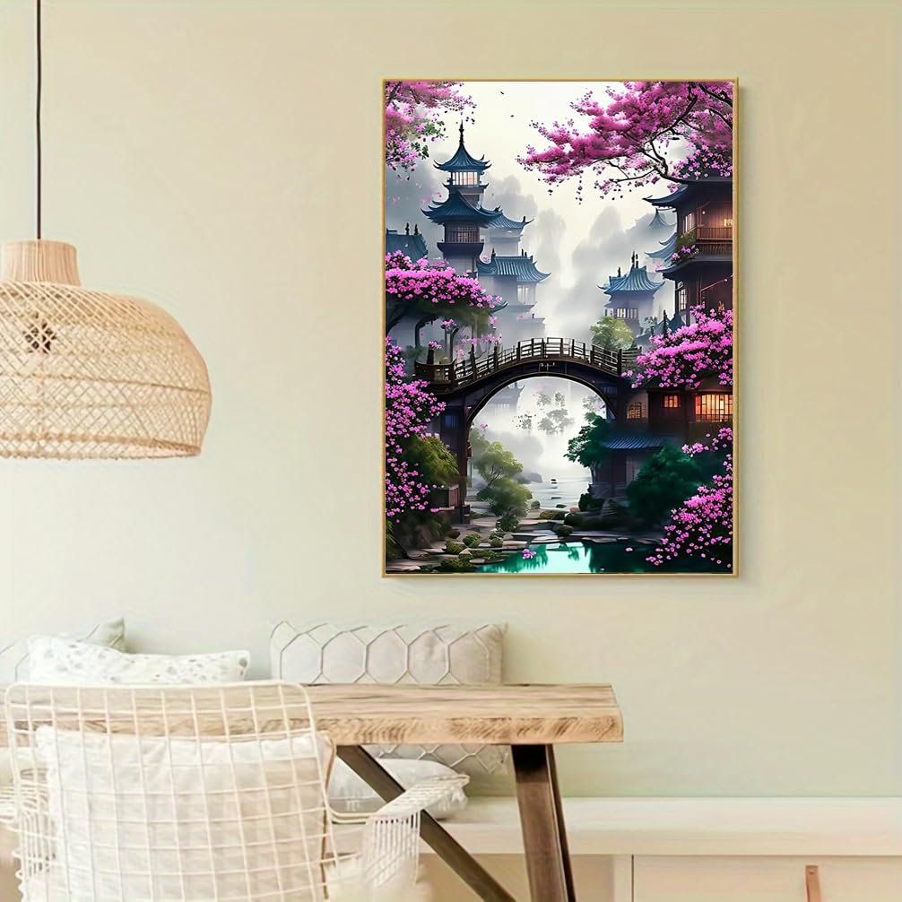 Semneroy Bridge Flower Diamond Painting Kits for Adult Beginners,Cherry Blossoms Building Diamond Art Kits,Full Drill Paint with Diamond Dot Gem Art Painting for Home Decor 12x16 inch Semneroy