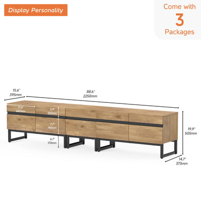 WAMPAT Modern TV Stand for TVs up to 90 inch TV, 3 in 1 Entertainment Center TV Console with Storage Cabinets and Metal Base,Media Console for Living Room, Oak,89''