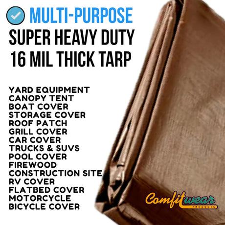 COMFITWEAR 16 MIL Heavy Duty Tarp Super Heavy Duty Tarp Cover 16 MIL Multi-Purpose Extra Heavy Duty Tarps Car Tarp Boat Tarp Camping Tarp General Purpose Waterproof Tarp Cover (20' X 40', Brown) COMFITWEAR