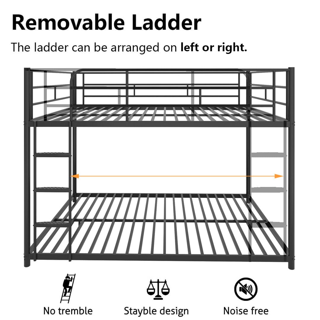 UOCFYK Full Over Full Bunk Bed, Metal, Black, Low Profile, Space Saving, No Box Spring Needed, Comfortable Ladder, Full-Length Guardrail