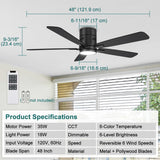 kadision 48 inch Flush Mount Ceiling Fans with Lights, 6-Speed Reversible Quite Motor, 6CCT Light Brightness Adjustable, Morden Low Profile Ceiling Fan for Bedroom Living Room, Black kadision